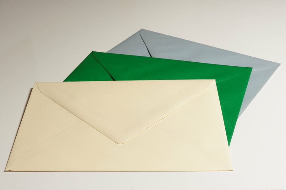tiga, biru, hijau, putih, surat, amplop, posting, kertas, pesan, korespondensi