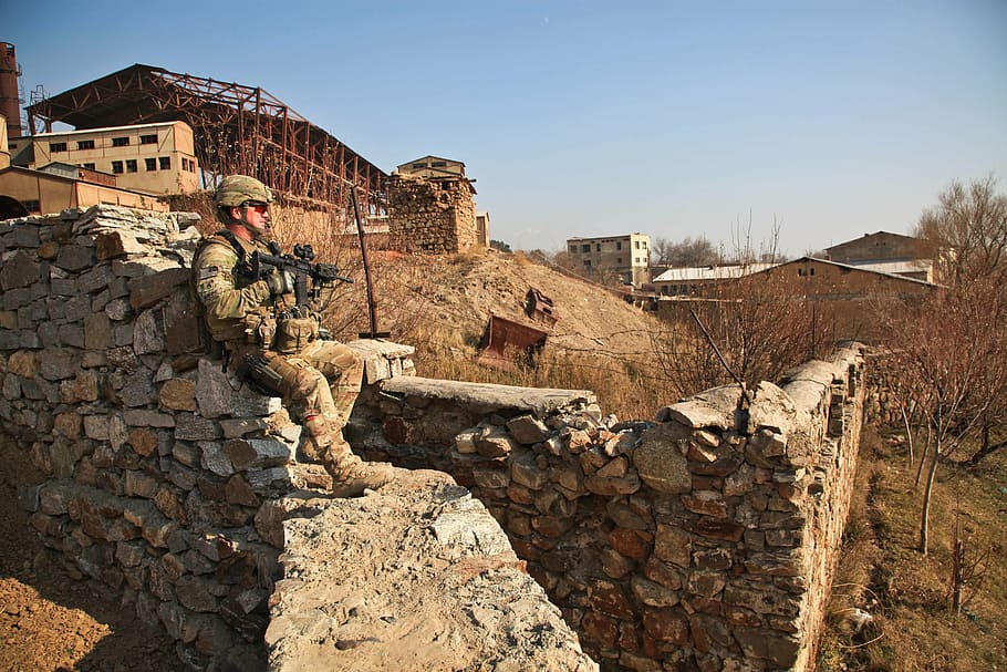 soldier, sitting, rocks, daytime, afghanistan, security, weapon, village, patrol, deployment