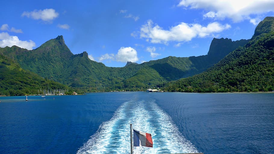 polynesia, moorea, ferry, travel, sea, water, mountain, sky, scenics - nature, cloud - sky
