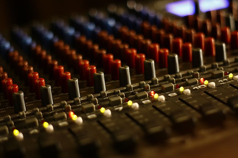 mixing console, audio, mixer, buttons, knobs, dj, equipment, technology, producer, music