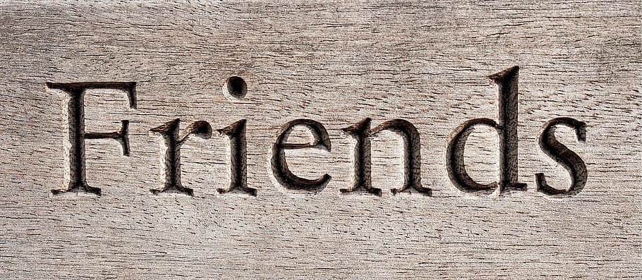 signo tallado de amigos, amigo, tallado, madera, amistad, compañero, compañía, serif, fuente, texto