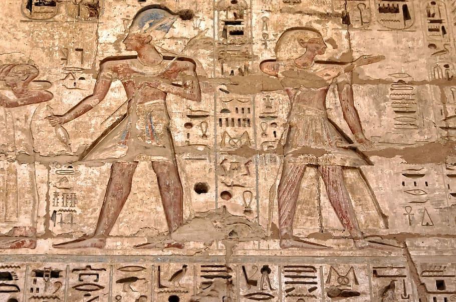 egyptian hieroglyphics, egypt, thebes, medinet-habu, temple, ramses 3, engraving, hieroglyphs, history, sculpture
