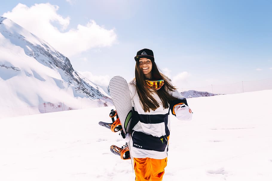 woman, holding, snowboards, winter season, sports, extreme, mountains, snowboard, krasnaya polyana, gorky gorod