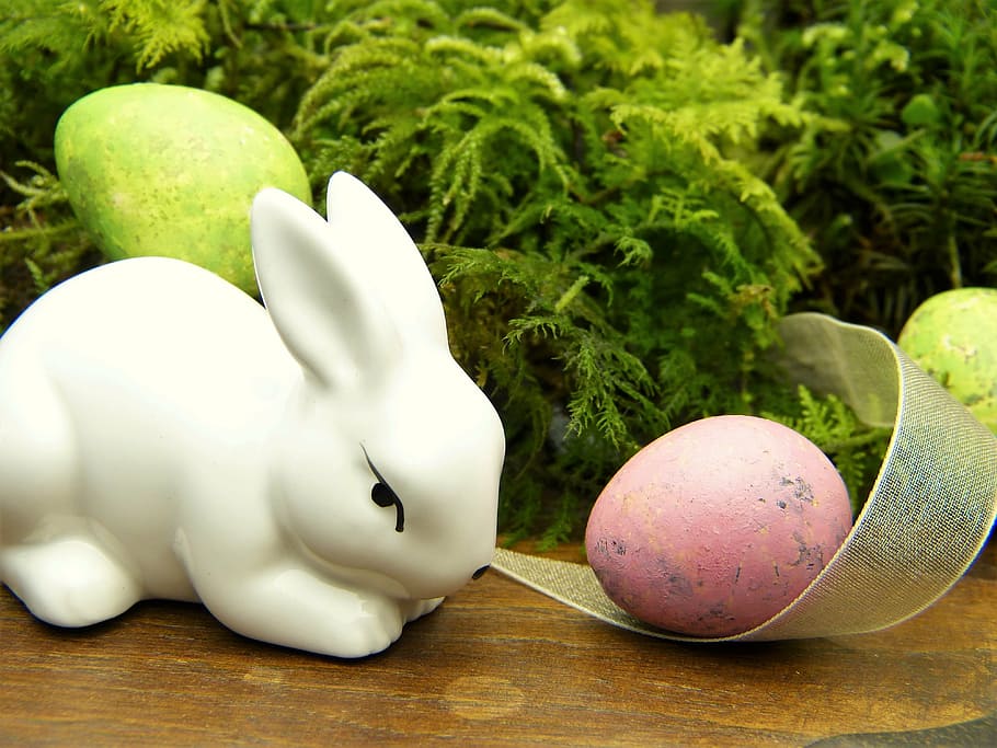 white, rabbit, ceramic, figurine, easter, easter bunny, deco, moss, easter eggs, easter greeting