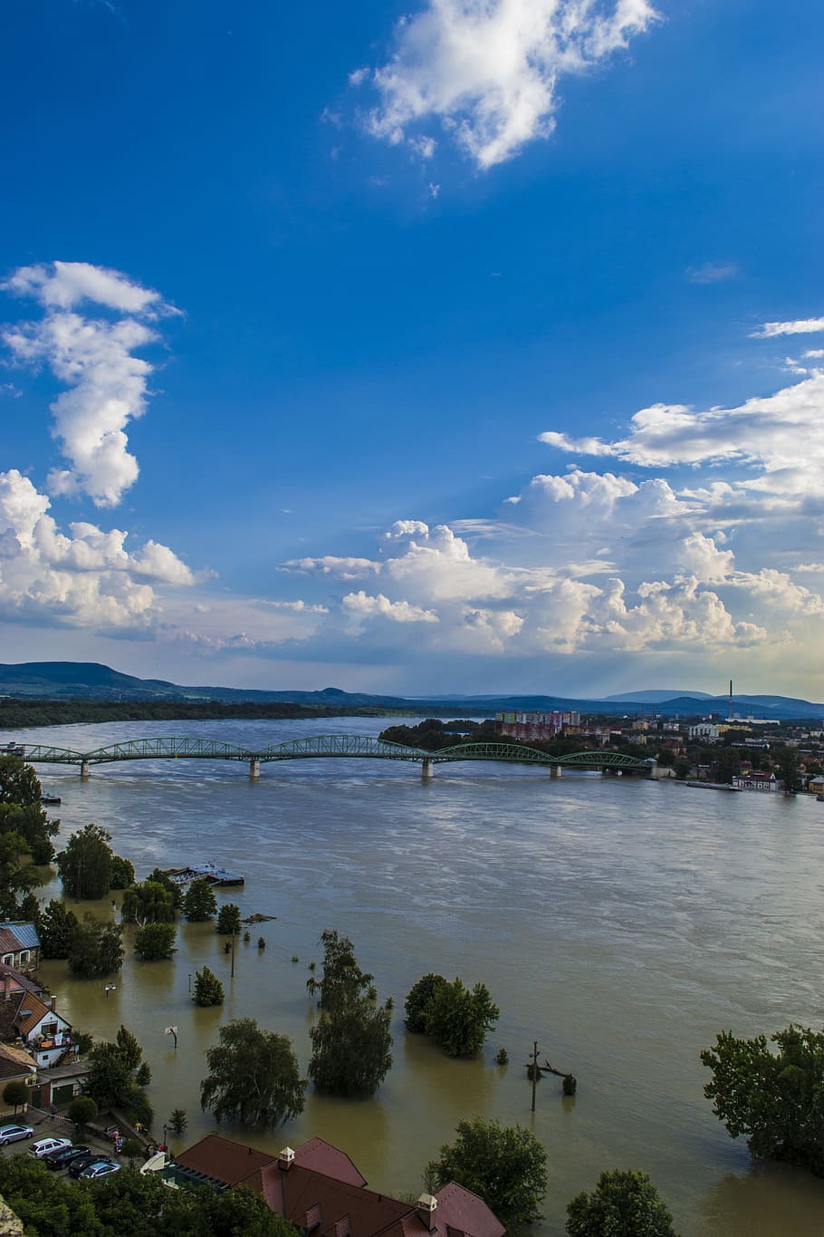 Flood, Danube, Esztergom, Bridge, River, bridge, river, blue, sky, border, hungary