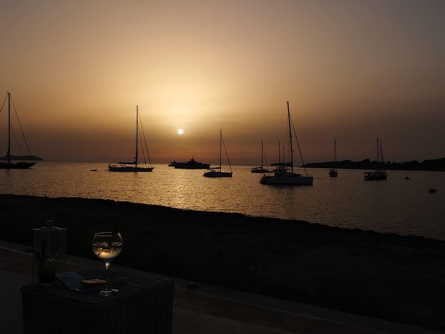 Sunset, Port, Boats, Sea, Wine, Ibiza, summer, nautical vessel, water, tranquility