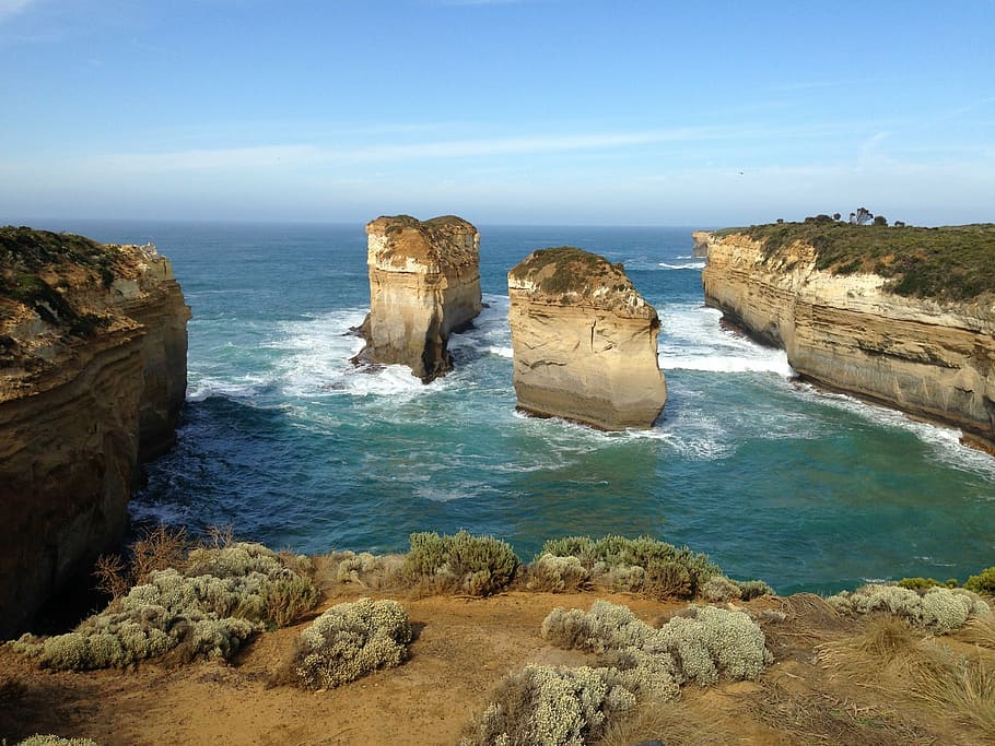 dois, marrom, formação rochosa, cercado, água, dia, austrália, porto cambel, mar, azul