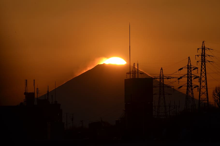 mt fuji, sunset, sun, mountain, diamond fuji, sky, silhouette, orange color, architecture, nature