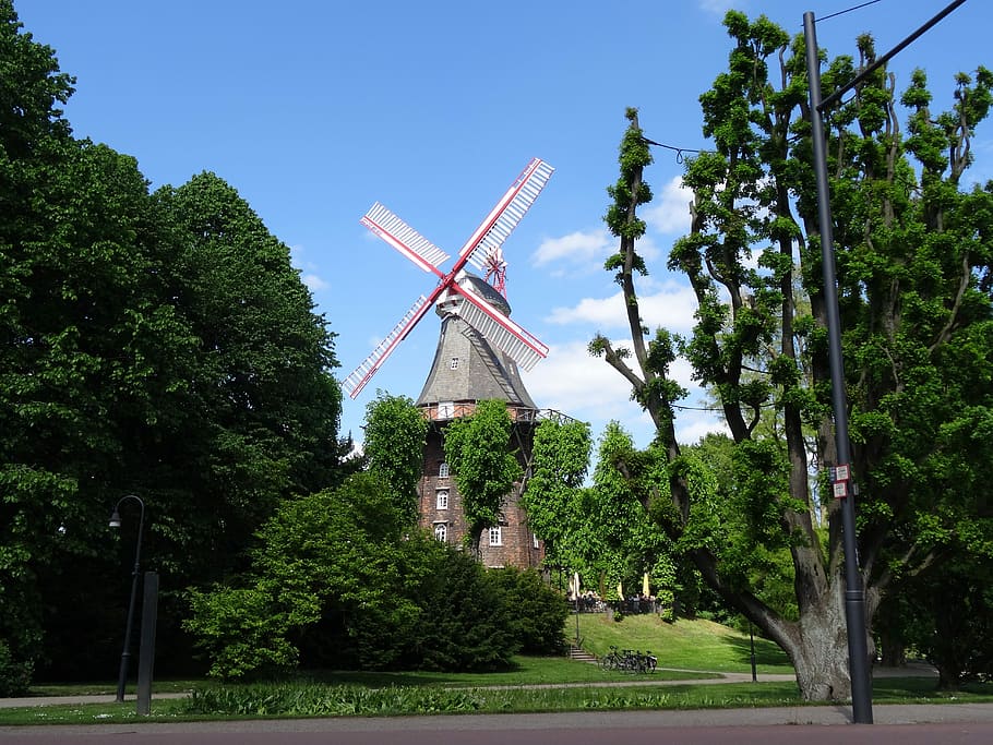 Windmill, Germany, Bremen, alternative energy, tree, environmental conservation, renewable energy, wind power, fuel and power generation, plant