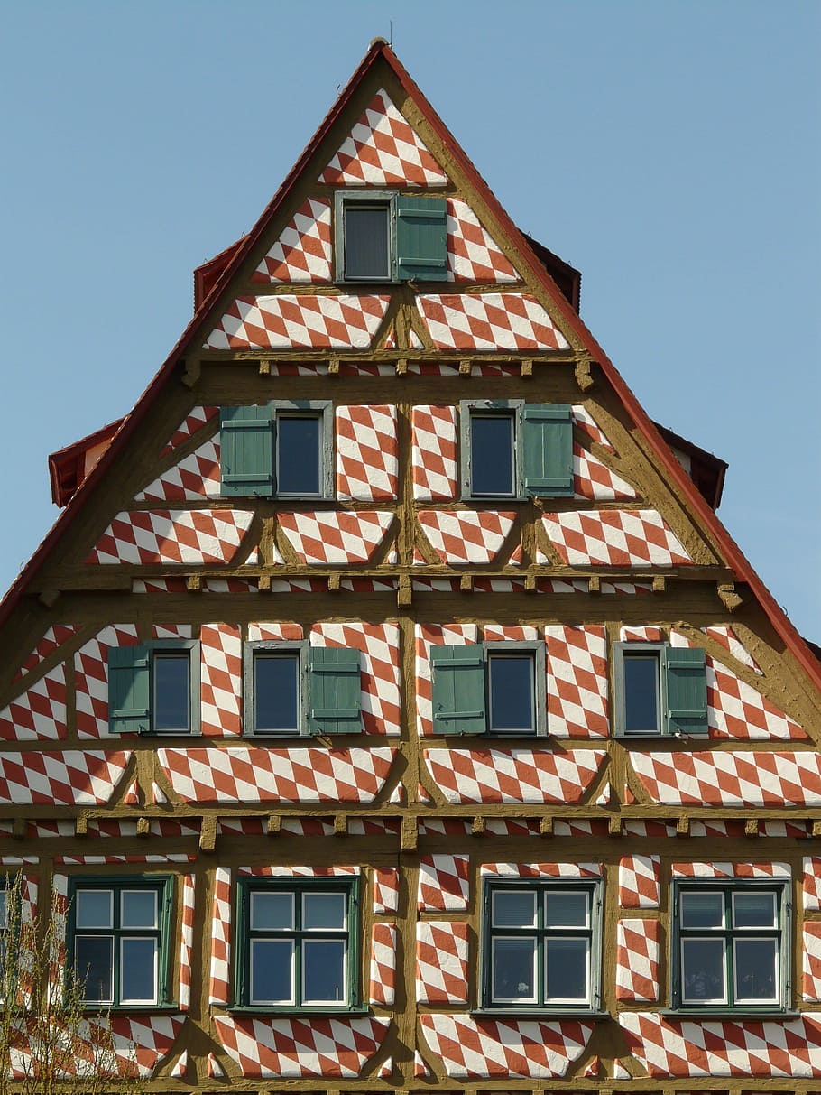 Truss, Fachwerkhaus, Bar, Entablature, home, facade, window, checkered, red white, red