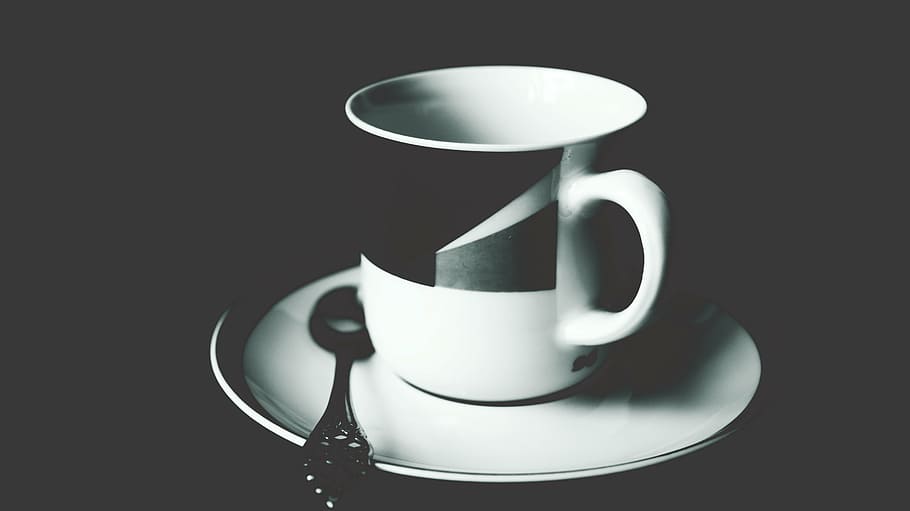 empty, black, white, ceramic, teacup, plate, cup, mug, coffee, tea