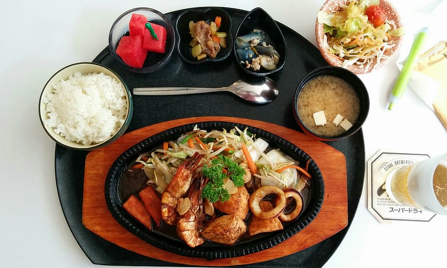 seafood dish, rice, soup, tray, sushi, lunch, table, food, eat, cook