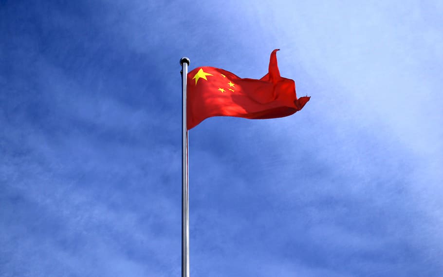 bendera china, mengangkat, bendera, terbang, china, beijing, warna, langit biru, merah, bendera merah