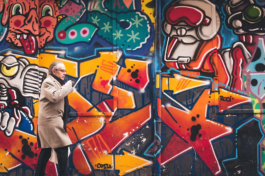 people, man, cigarette, street art, vandal, graffiti, wall, old, scarf, coat