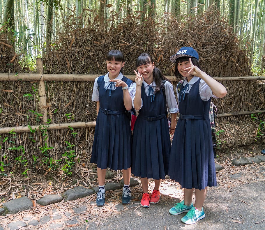 japan, arashiyama, bamboo forest, students, uniforms, people, person, asian, young, japanese