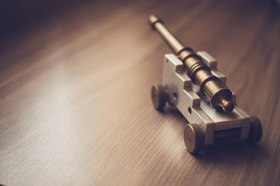gray, brown, cannon, miniature, surface, canon, toy, objects, wood, indoors