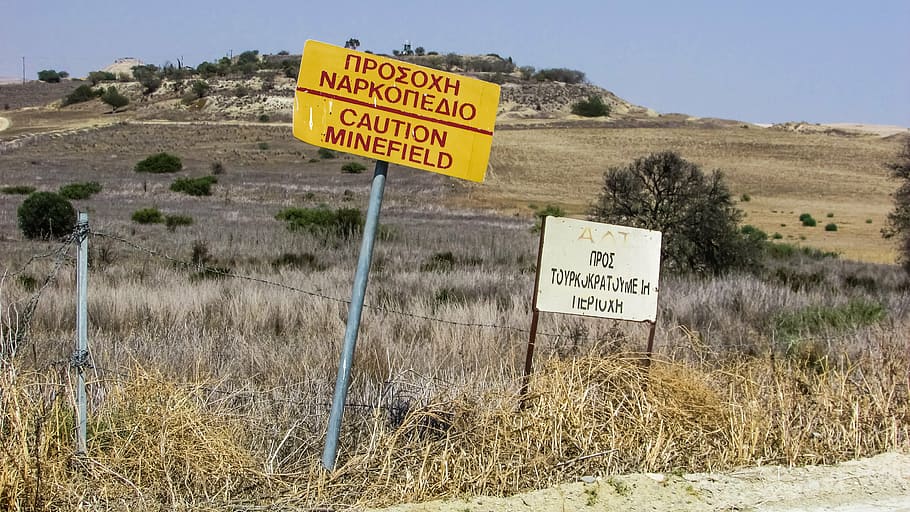 minefield, mines, danger, explosive, warning, sign, deadly, beware, caution, cyprus