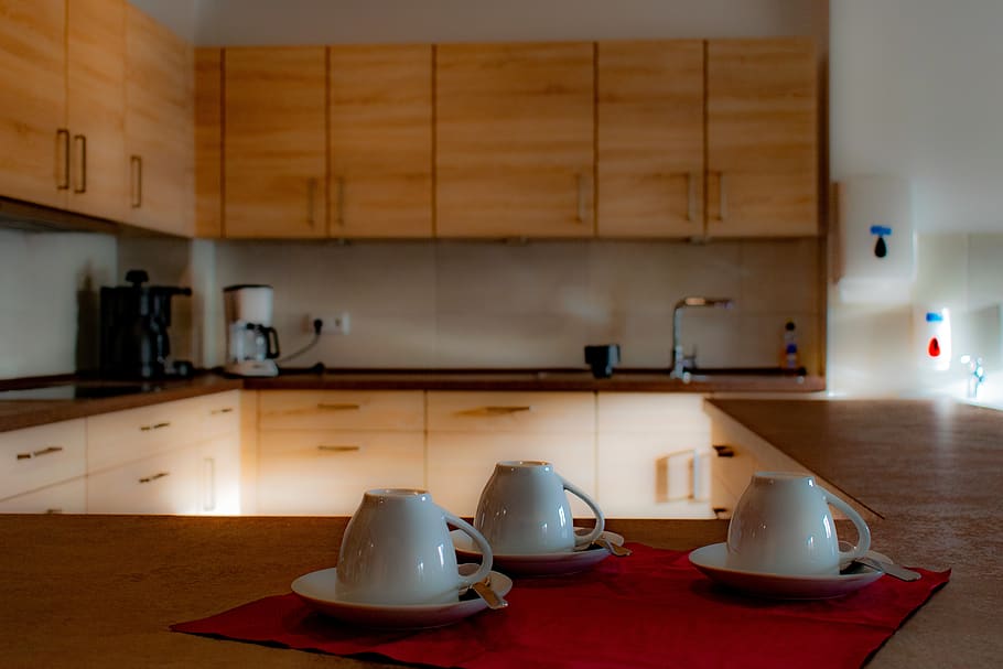 kitchen, three cups of coffee, depth of field, empty kitchen, tidy kitchen, indoors, domestic room, domestic kitchen, home, home interior