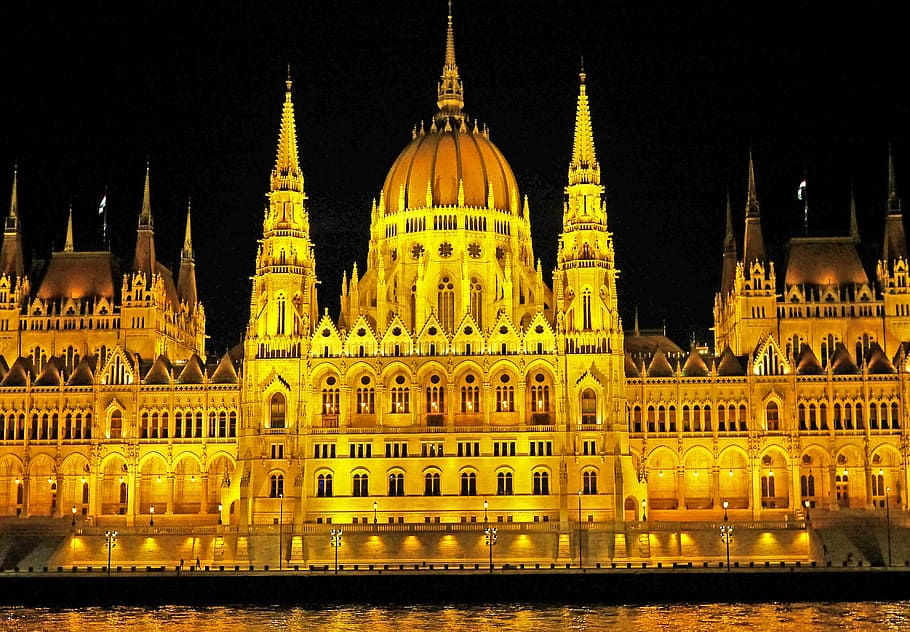 taj mahal, budapest at night, parliament, danube, ship passage, passby, middle section, dome, towers, late gothic
