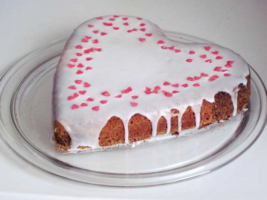heart-shaped milk, coated, cake, top, clear, glass plate, heart, love cake, heart cake, love