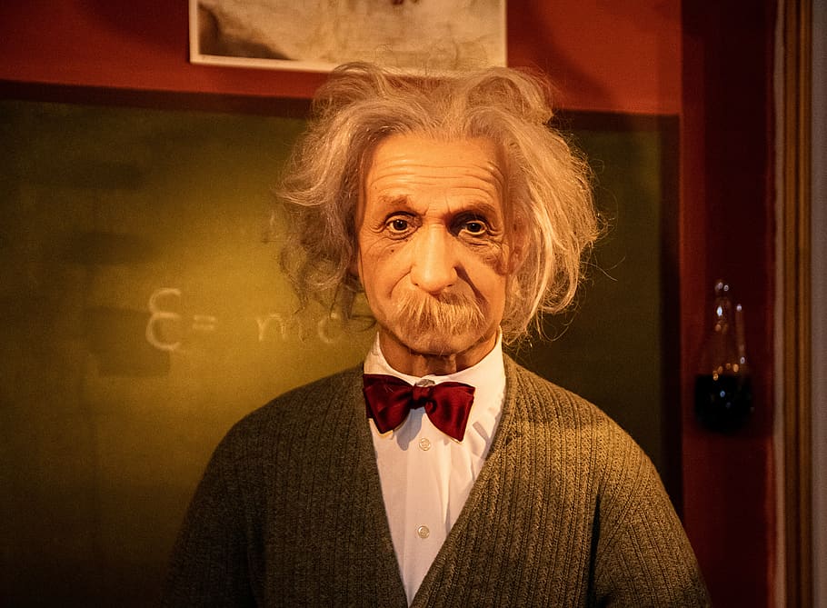wax figure, albert einstein, physicist, hair, theory of relativity, genius, panoptikum hamburg, bow tie, one person, senior adult