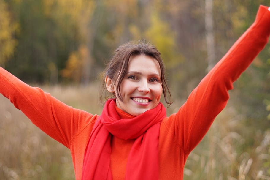 woman, wearing, orange, sweater, red, scarf, girl, smile, beauty, cheerfulness