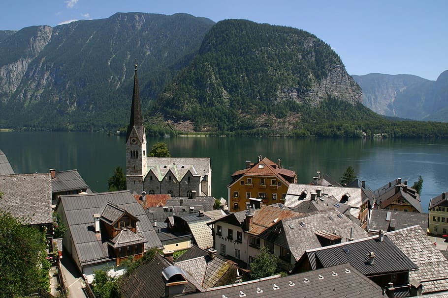 hallstatt, austria, lake, mountains, water, village, church, bell tower, alps, mountain