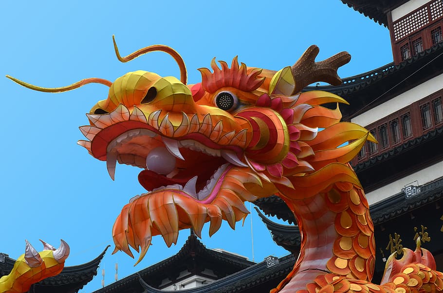 dragon figure outdoors, china, shanghai, festival, dragon, representation, animal representation, art and craft, built structure, architecture