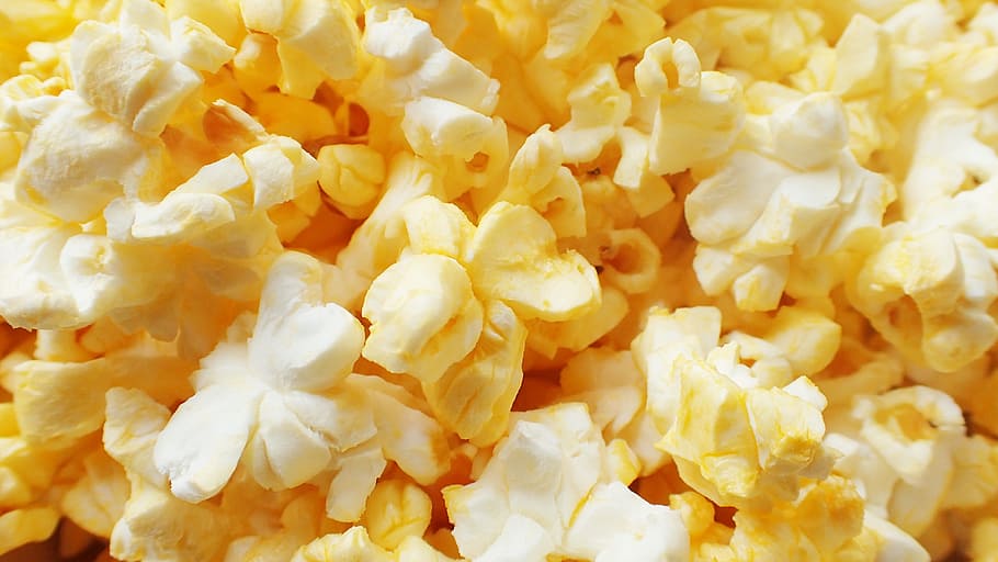 cooked popcorn, popcorn, snack, food, buttered, pop, corn, salty, yellow, white