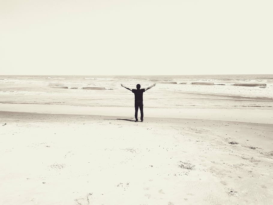 man, rising, hand, standing, seashore, daytime, beach, worship, praise, male