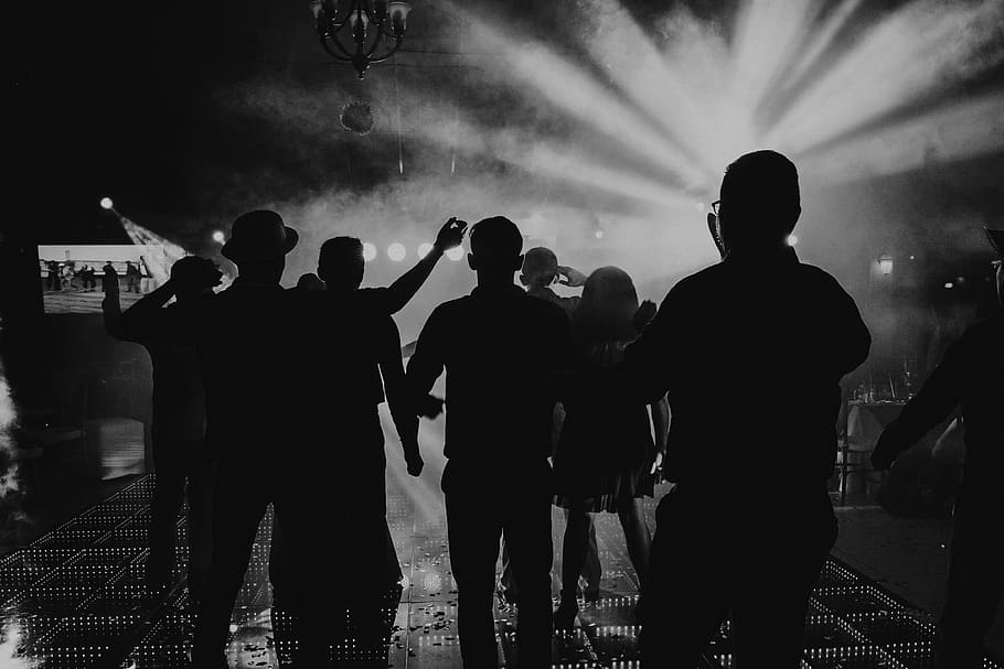 black and white, people, night, party, silhouettes, black, group of people, real people, men, standing