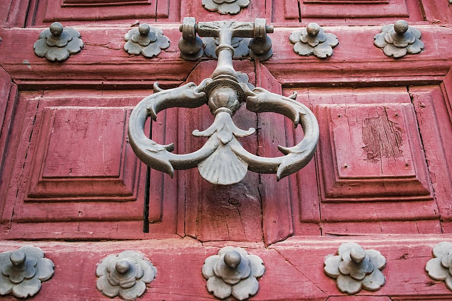 brown, steel door knocker, aldaba, door, shooter, cathedral, monument, old, old door, historical