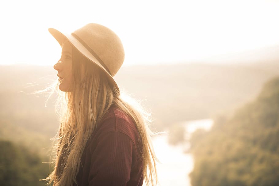 woman, brown, round hat, backlit, beach, blur, dawn, girl, landscape, outdoors