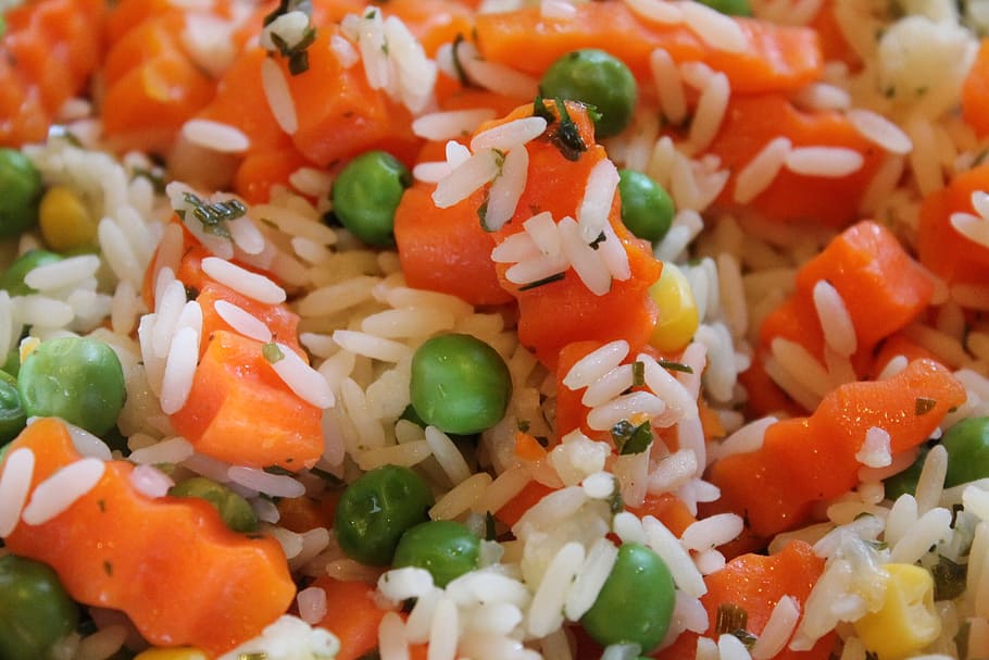 steam rice, vegetables, rice, carrots, root, peas, food and drink, food, healthy eating, vegetable
