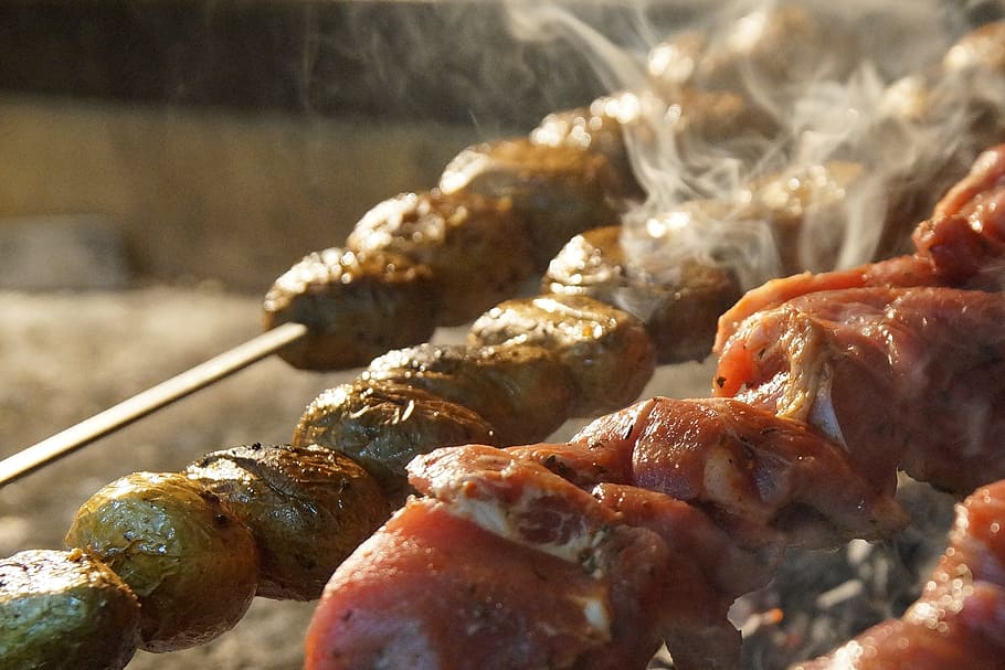 food, bbq, cooking, epicurean, skewer, meat, hot, delicious, dinner, nature