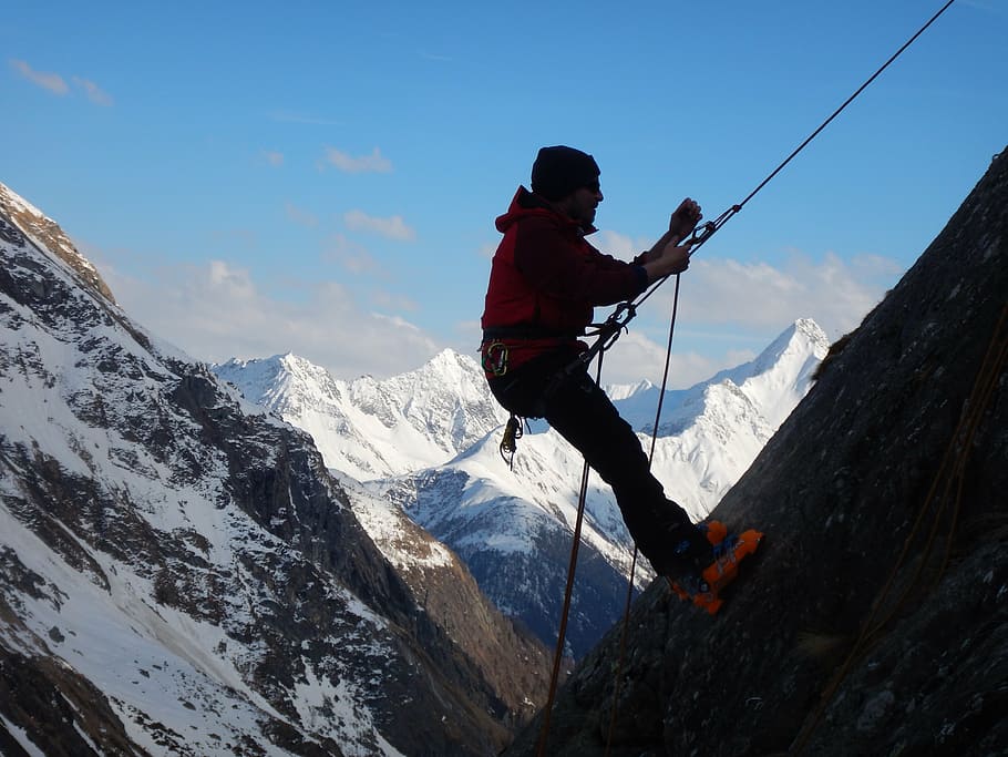 person, climbing, mountain, climb, prussik knot, high mountains, prusik, abseil, rope, carbine