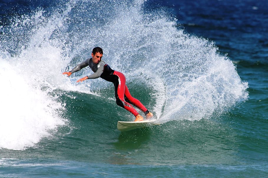 man surfing, white, surfboard, sea, water, beach, sports, waves, surfer, motion