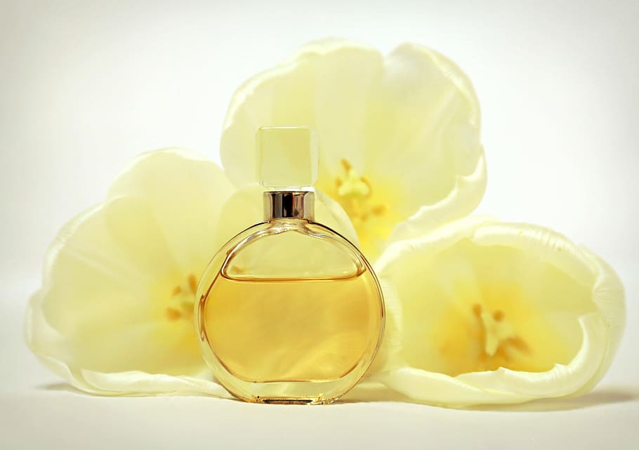 frasco de spray de perfume, ao lado, branco, flores, volta, vidro, frasco de perfume, odor, garrafa, aroma