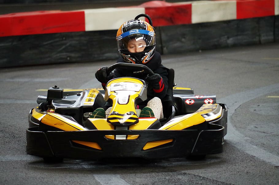 boy, driving, go-kart, race track, helmet, race, ride, racer, speed, kart