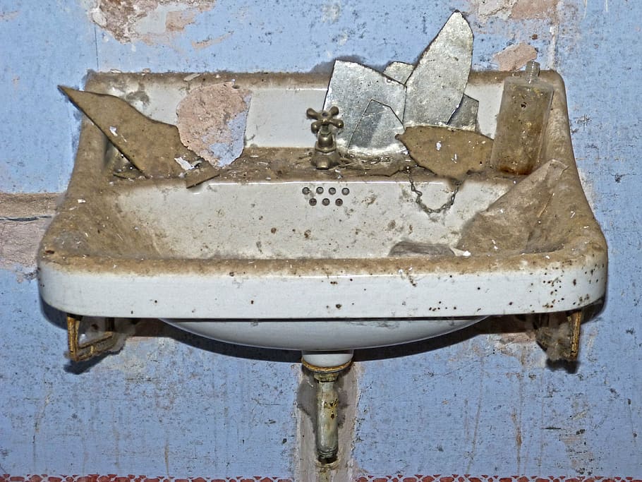 tap, sink, old, abandoned, porcelain, bathroom, day, weathered, metal, damaged