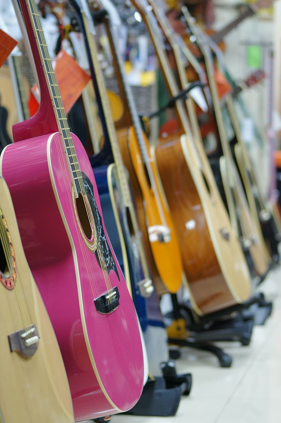 guitar, musical instrument, pink guitar, large, music, stringed instruments, strings, tool, acoustics, electric guitar