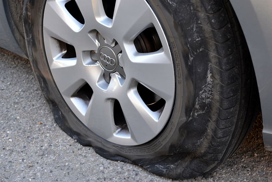 grey, audi vehicle wheel, inflated, tire, puncture, blowout, band, car, bad luck, car breakdown