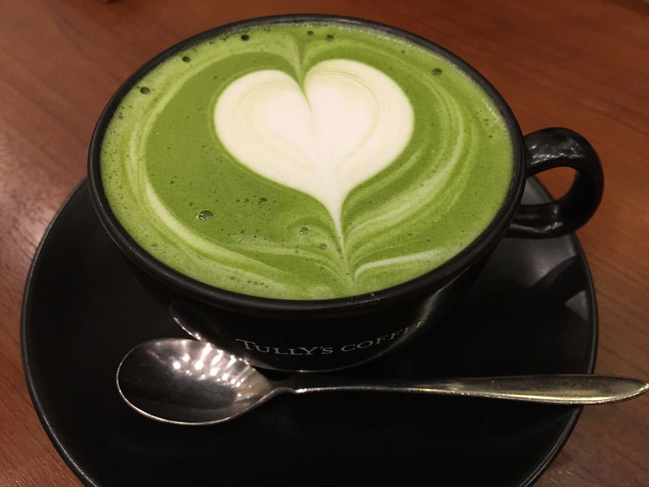 black, ceramic, teacup, gray, metal spoon, cappuccino, matcha green tea, latté, heart, refreshment