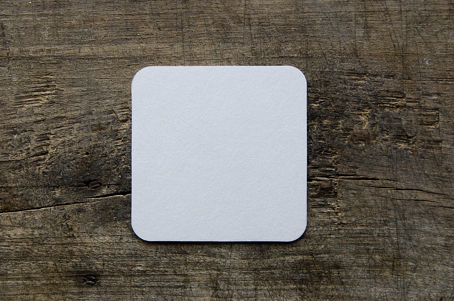 square, white, card, brown, wood board panel, beer coasters, blank, drink, table, paper