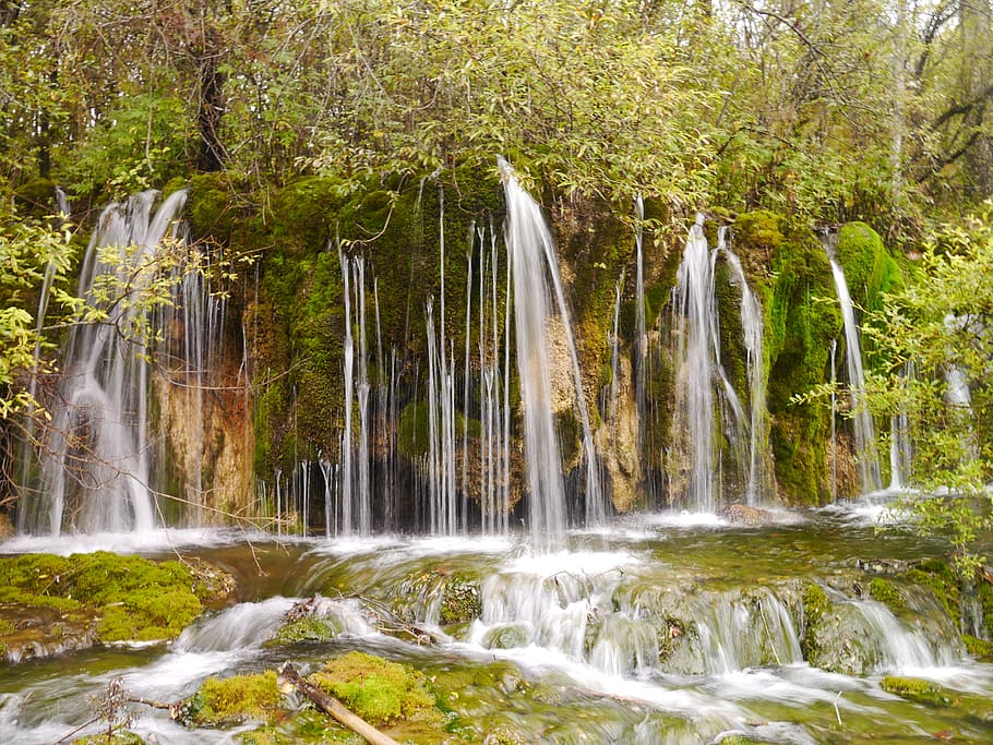 Cascada, cardumen de perlas, Sichuan, China, árbol, agua, belleza en la naturaleza, paisajes: naturaleza, planta, bosque