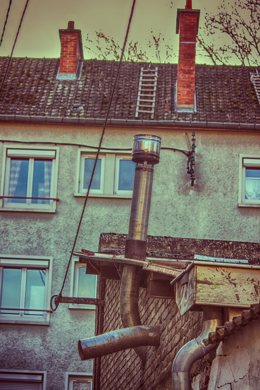 building, fireplace, pipes, evacuation, old, vintage, street, scale, ventilation, leads