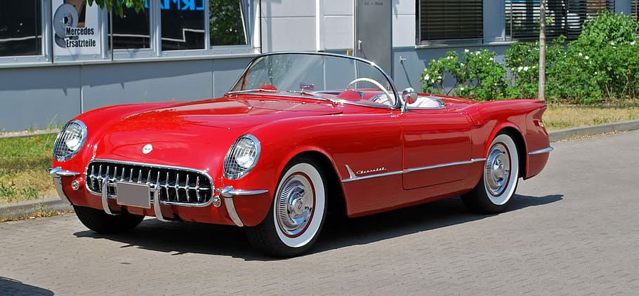 classic, red, convertible, coupe, parked, house, auto, chevrolet, corvette, usa