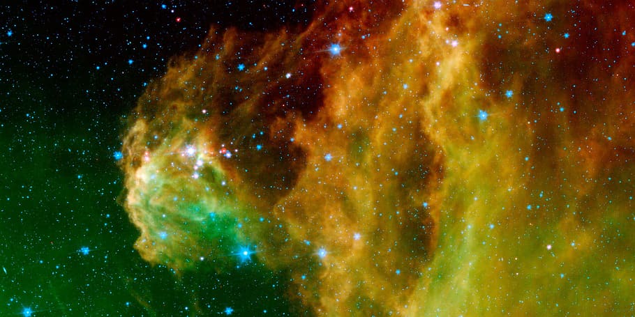 hijau, kuning, ilustrasi galaksi, galaksi, poster, orion nebula, emisi nebula, orasi konstelasi, orion, ngc 1976