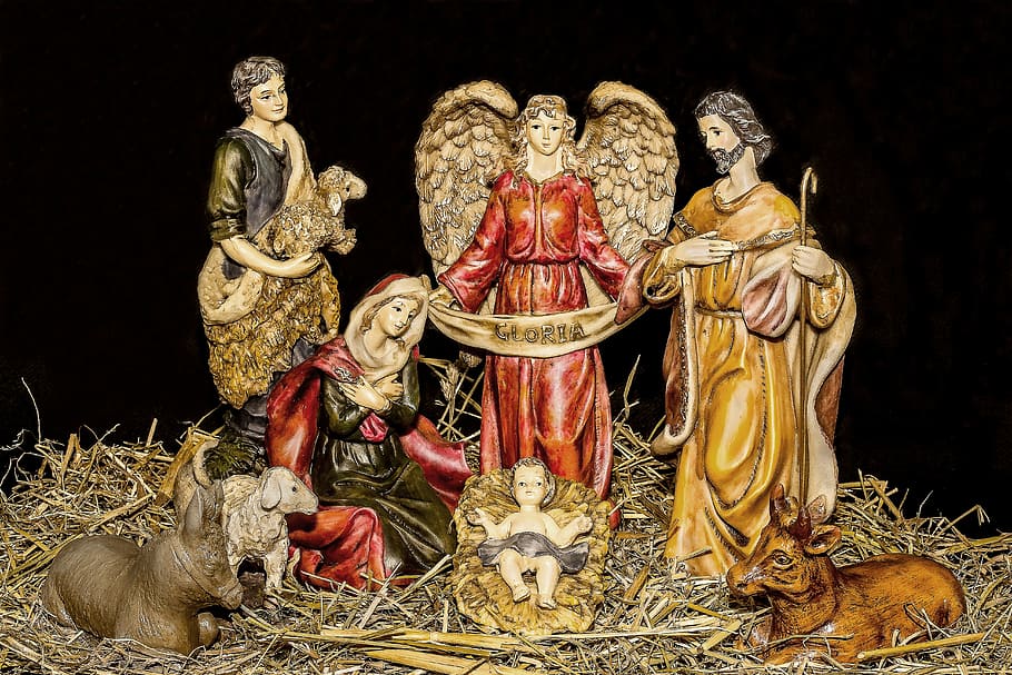 nativity scene figurine, set, christmas crib figures, jesus child, birth of jesus, maria, joseph, jesus, shepherd, angel