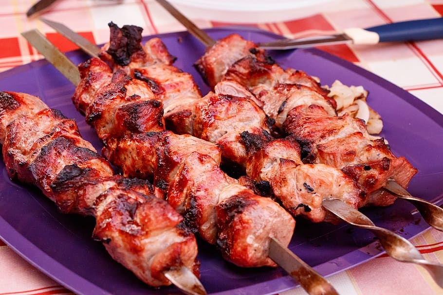 shish kebab, meat, skewers, nutrition, frying, picnic, grill, meat skewers, grilled meat, bbq season